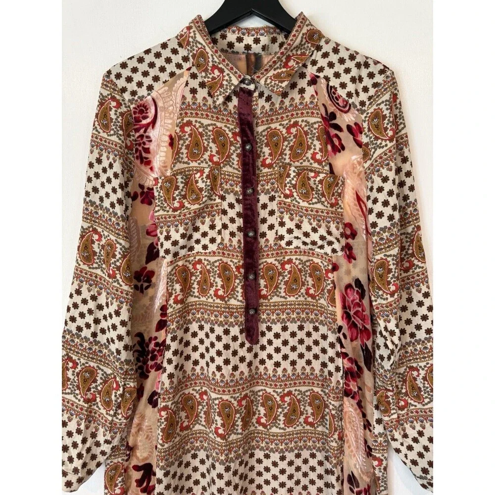 Aratta Silent Journey Boho Maxi Shirt Dress Tunic Button Up Whimsical Size M